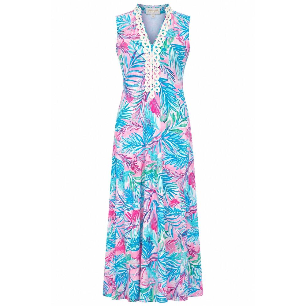 Pappagallo Pink Blue Tropical Maxi Dress Sleeveless Crochet Trim Size 12